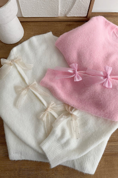 White Solid Color Knit Rhinestone Ribbon Bow Sleeve Decor Loose Sweater