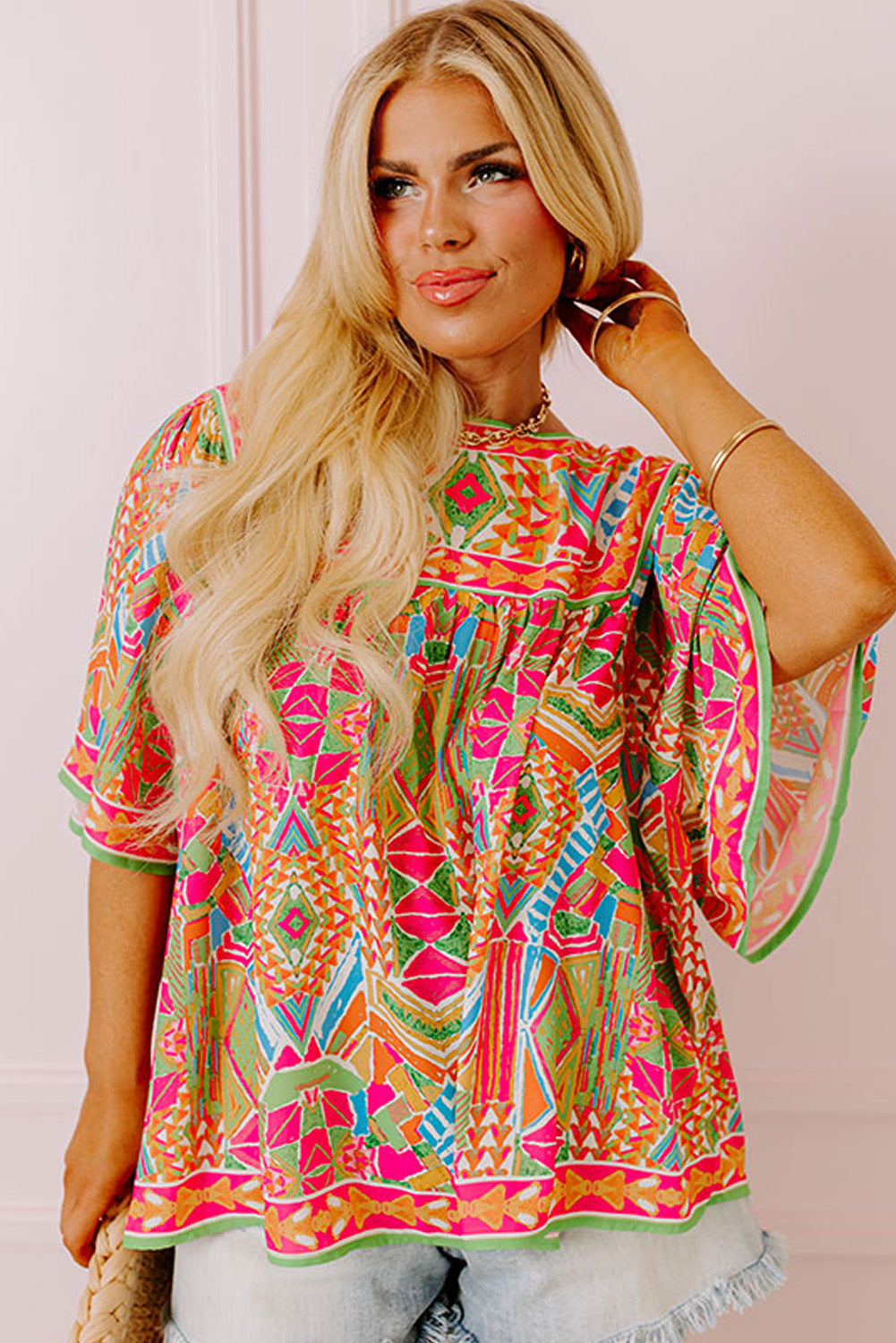 Green Bohemian Geometric Print Wide Sleeve Plus Size Blouse