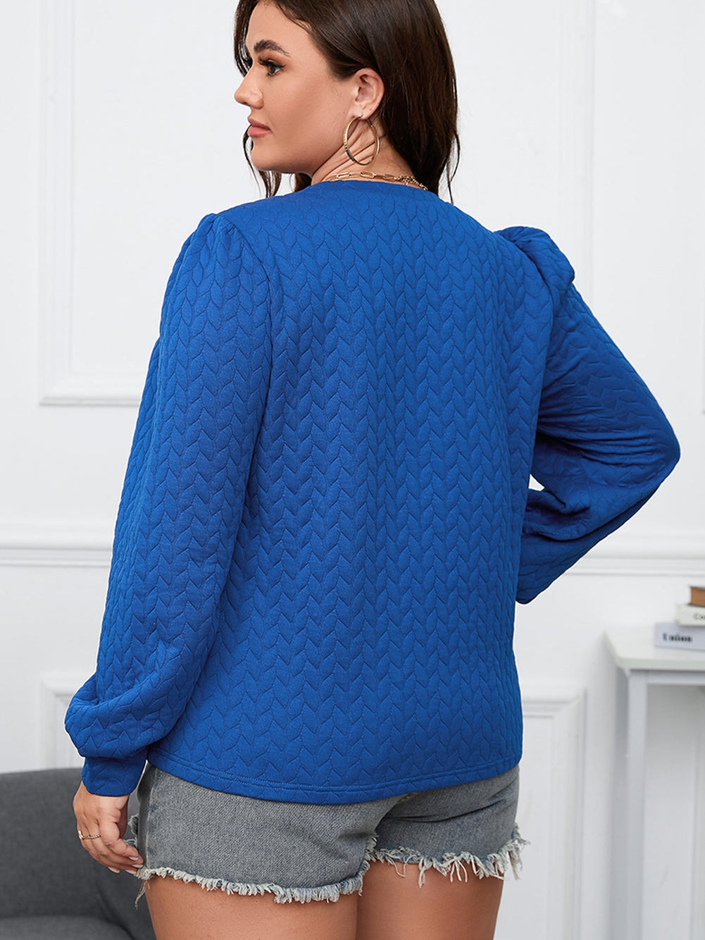 Dark Blue Cable Pattern Puff Sleeve Plus Size Top