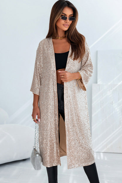 Apricot Sequin Embellished Open Front Kimono Duster