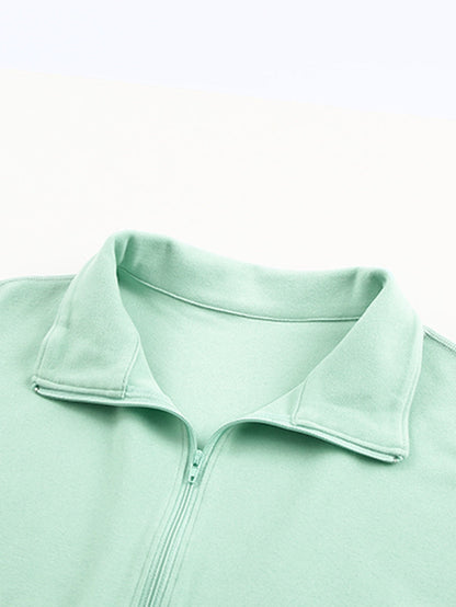 Green Zip Front Pullover Sweatshirt with Pockets