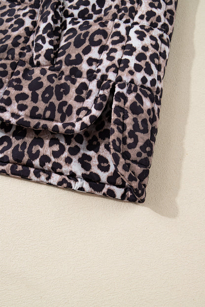 Brown Leopard Quilted Full Zipper Casual Puff Vest