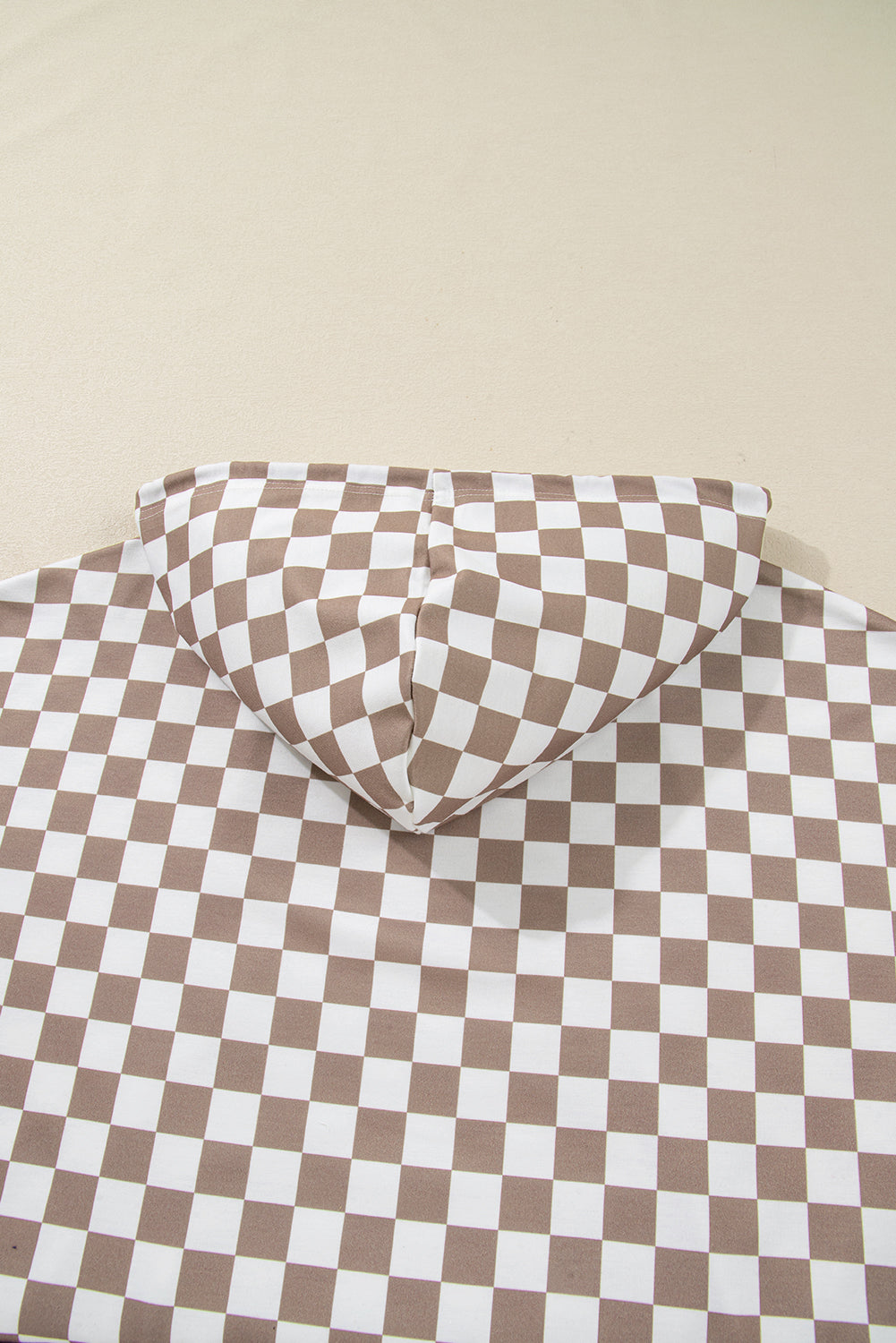 Khaki Double Checkered Patchwork Tie Neck Oversize Hoodie