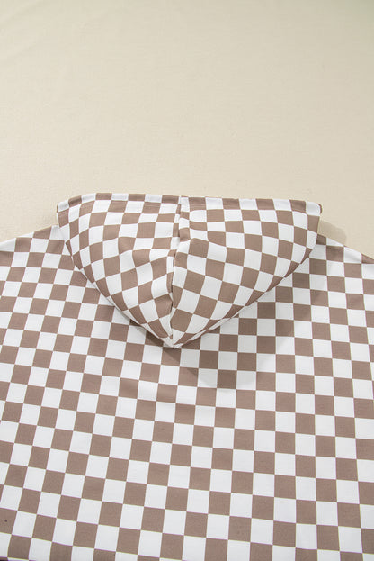 Khaki Double Checkered Patchwork Tie Neck Oversize Hoodie