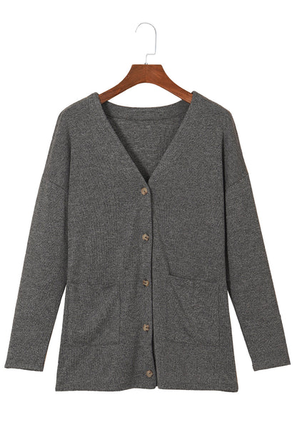 Gray Heather V-Neck Knit Cardigan with Front Pockets