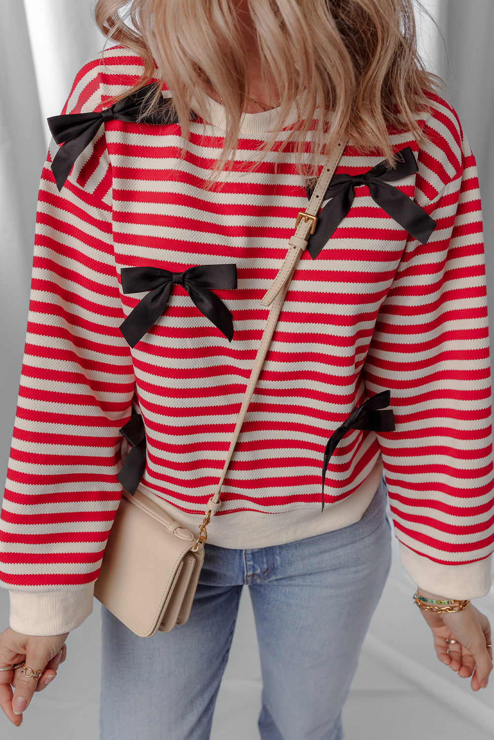 Red Stripe Contrast Ribbon Bow Detail Casual Sweater