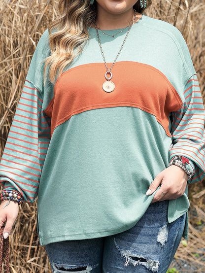 Green Plus Size Striped Long Sleeve Colorblock Tee with Slits