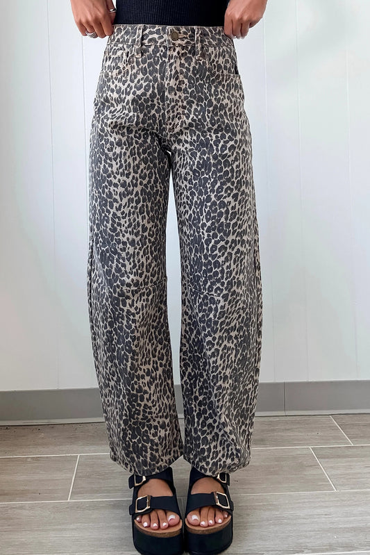 Black Leopard Print High Waist Barrel Jeans