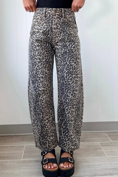 Black Leopard Print High Waist Barrel Jeans