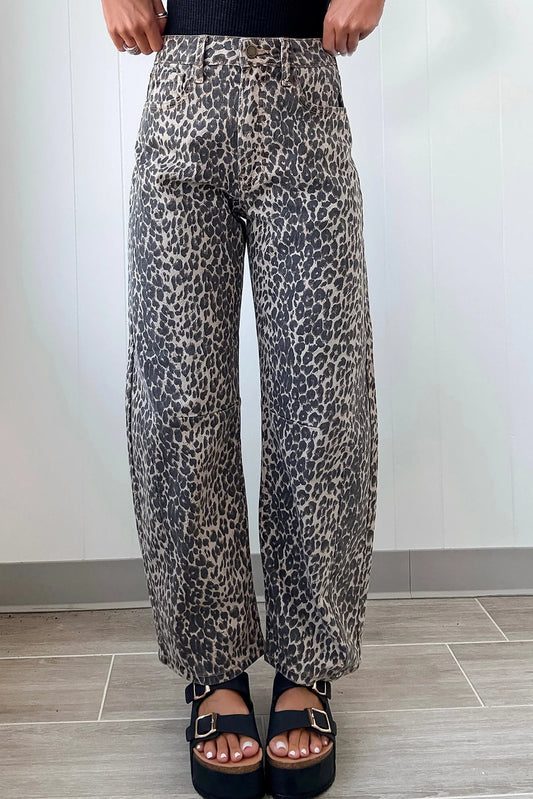 Black Leopard Print High Waist Barrel Jeans