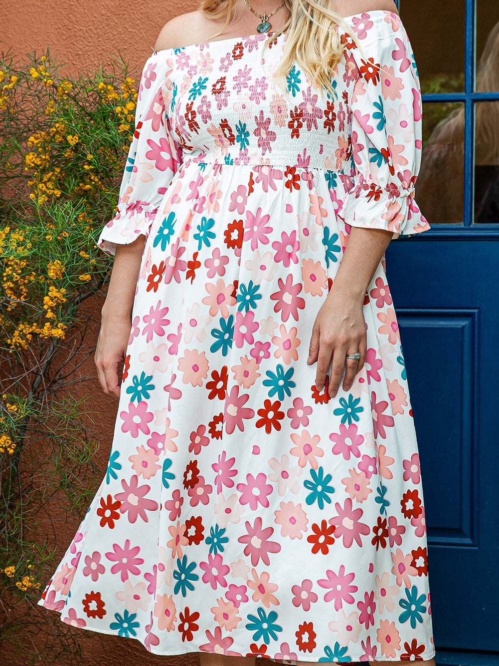 Floral Print Smocked Off Shoulder Plus Size Midi Dress in White