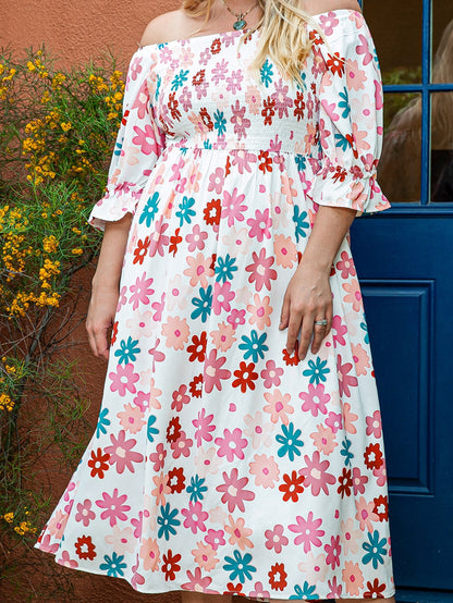 Floral Print Smocked Off Shoulder Plus Size Midi Dress in White