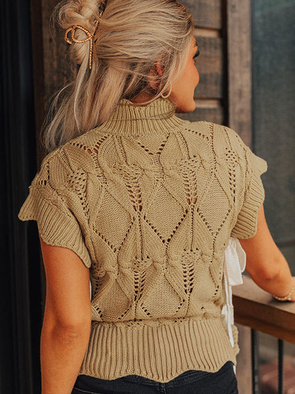 French Beige Scalloped Knit High Neck Sweater with Bow Accents