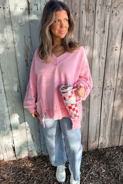 Pink Ribbed V Neck Raw Seam Patchwork Side Pocket Split Hem Loose Pullover