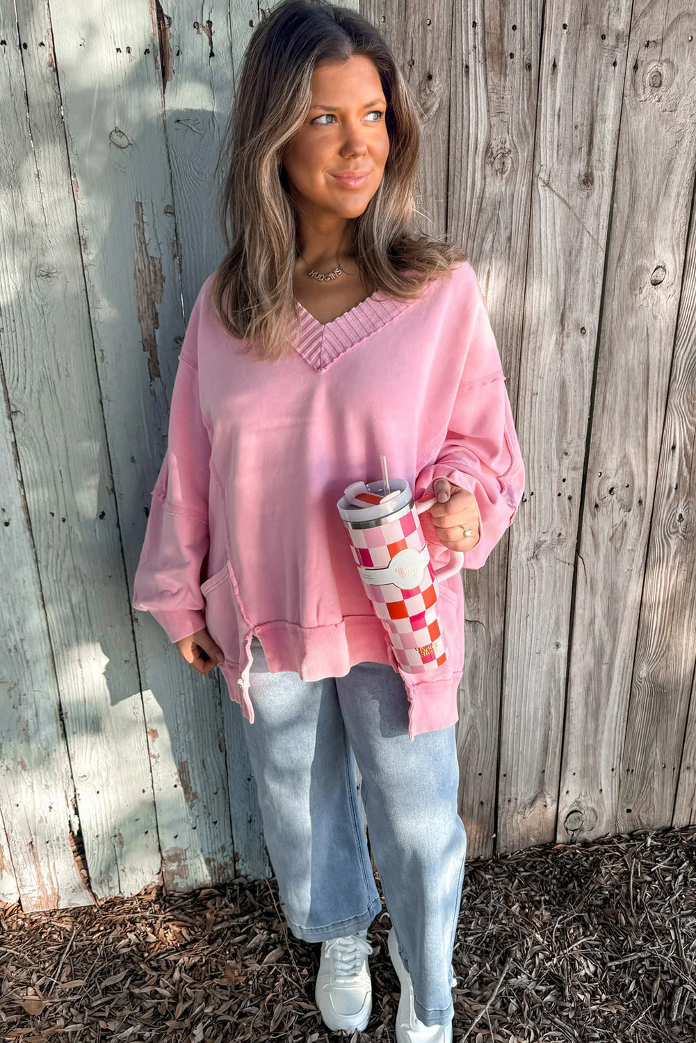 Pink Ribbed V Neck Raw Seam Patchwork Side Pocket Split Hem Loose Pullover