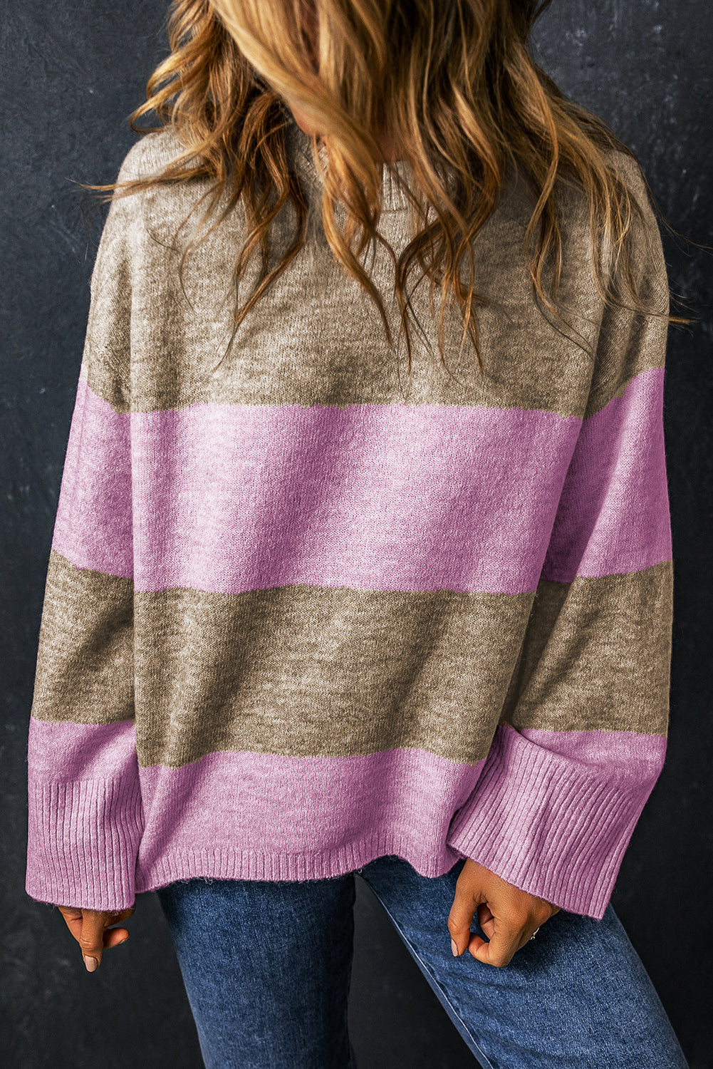 Elevate Pink Color Block Wide Sleeve Knit Sweater