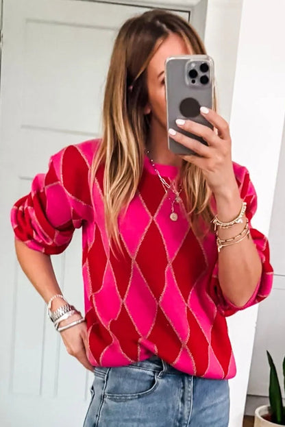 Rose Red Glitter Rhombus Pattern Knit Womens Casual Sweater