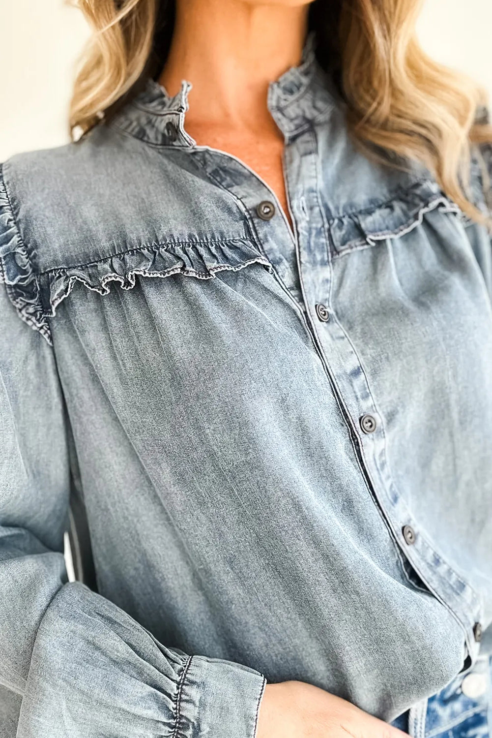 Dusk Blue Frilled Detail Button Down Chambray Shirt