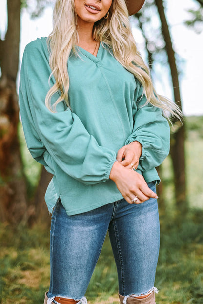 Emerald Green Flowy V Neck Blouse