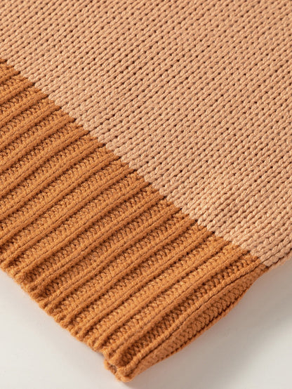 French Beige Patchwork Oversized Knit Sweater with Contrast Stitch