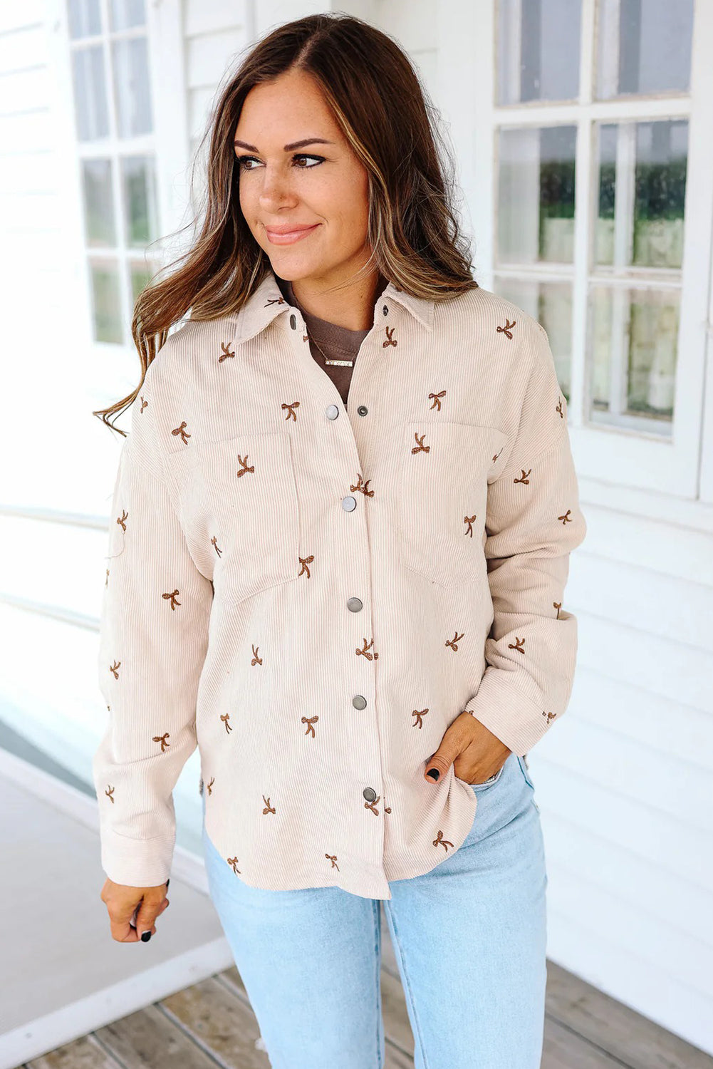 Jet Stream Tiny Bow Embroidered Button Down Corduroy Shacket
