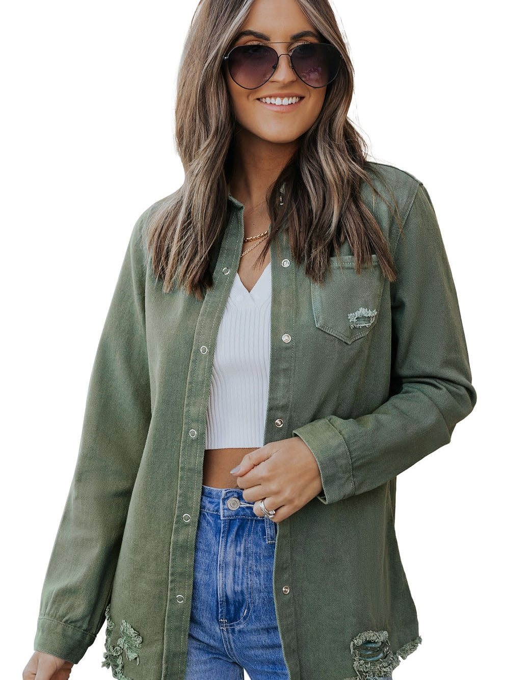 Green Distressed Cotton Shacket