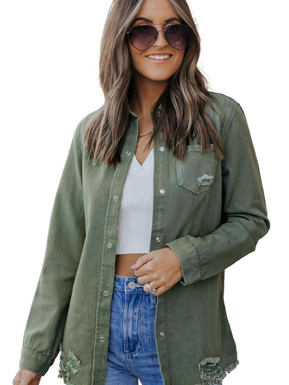 Green Distressed Cotton Shacket
