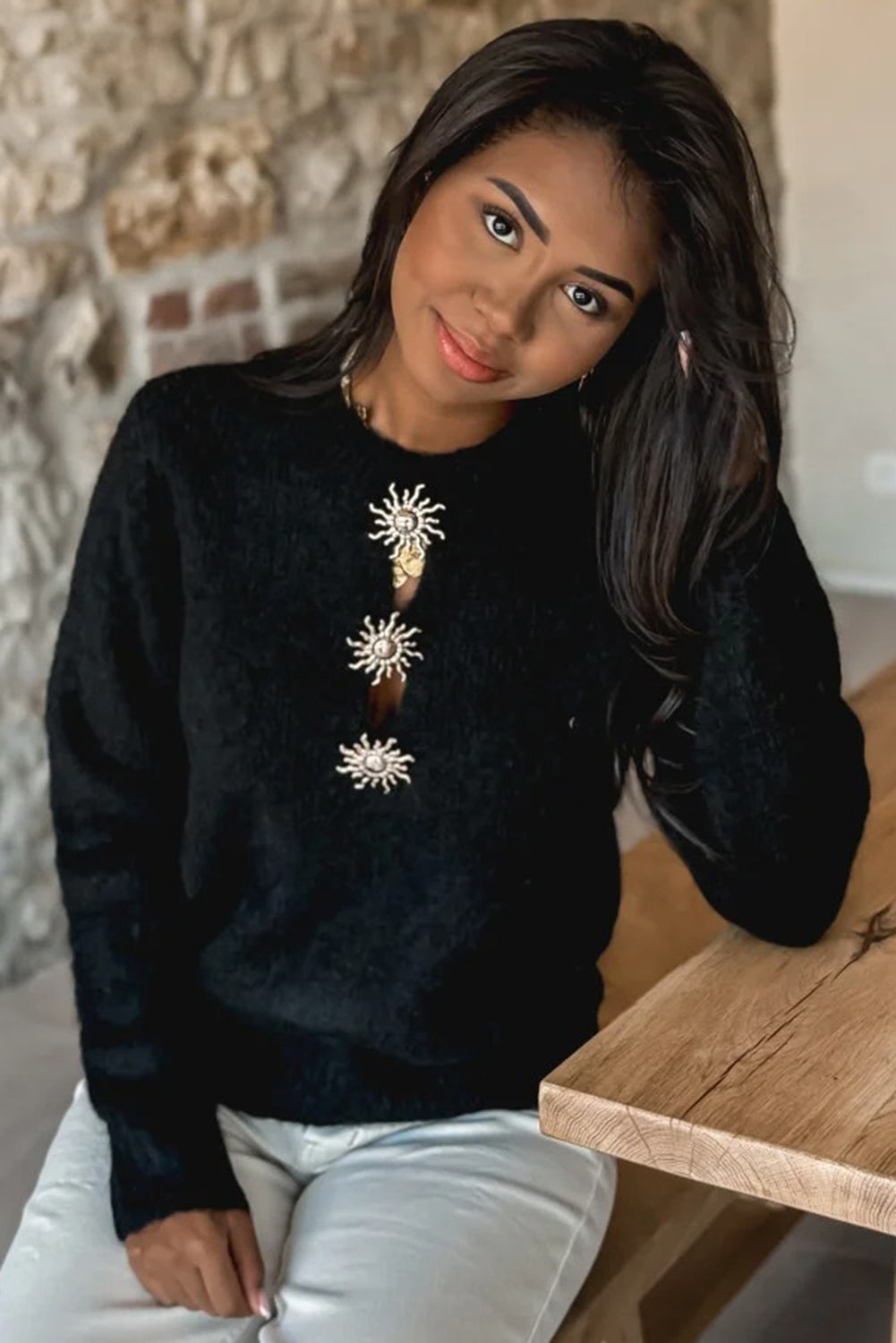 Black Solar Button Neck Womens Casual Sweater