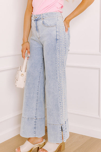 Beau Blue Mid Rise Pearl Embellished Split Wide Leg Jeans