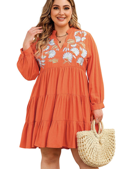 Orange Plus Size Embroidered Tiered Ruffle Dress