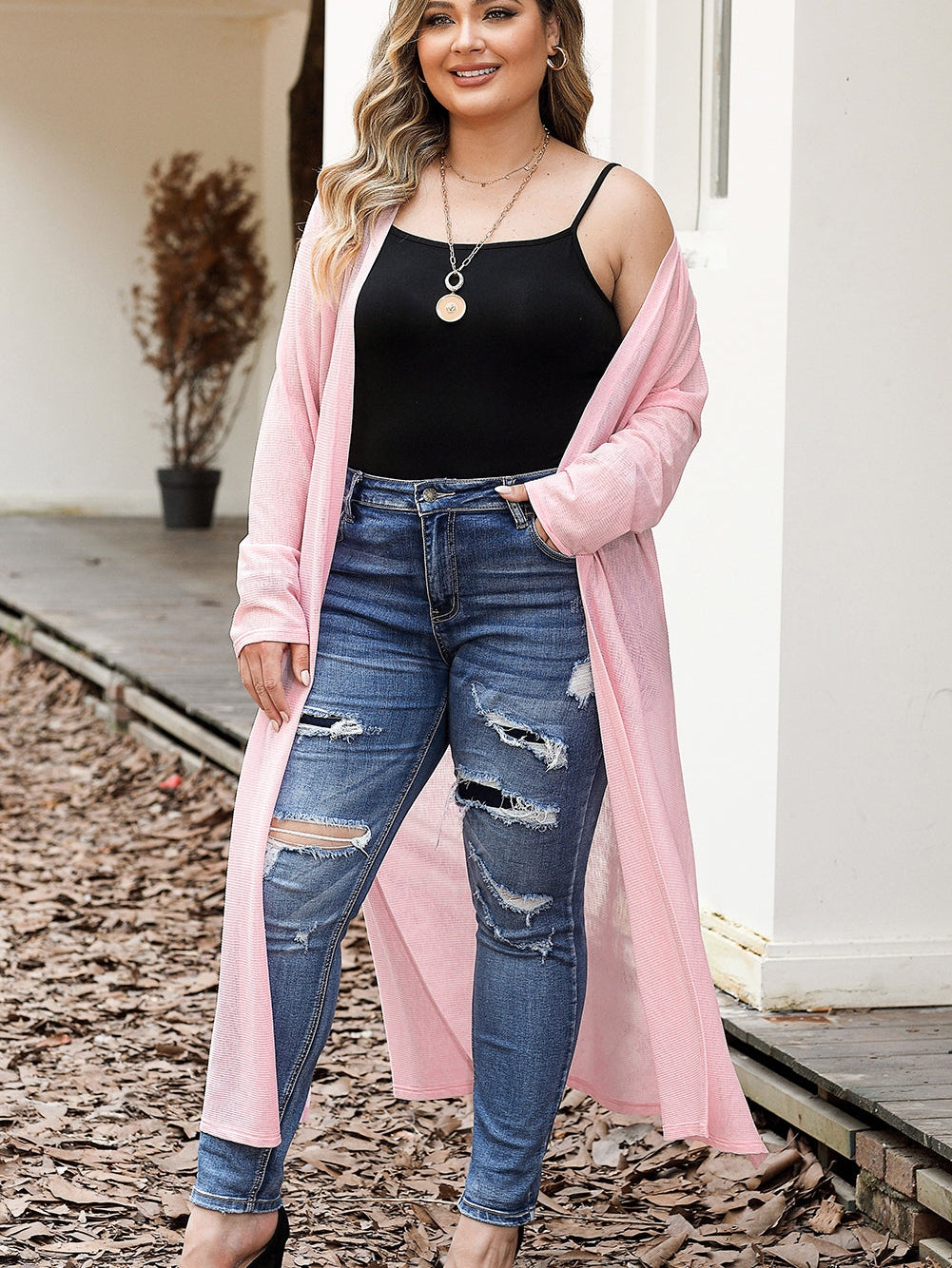 Pink Sheer Knit Long Side Slit Plus Size Cardigan with Southern Belle Style