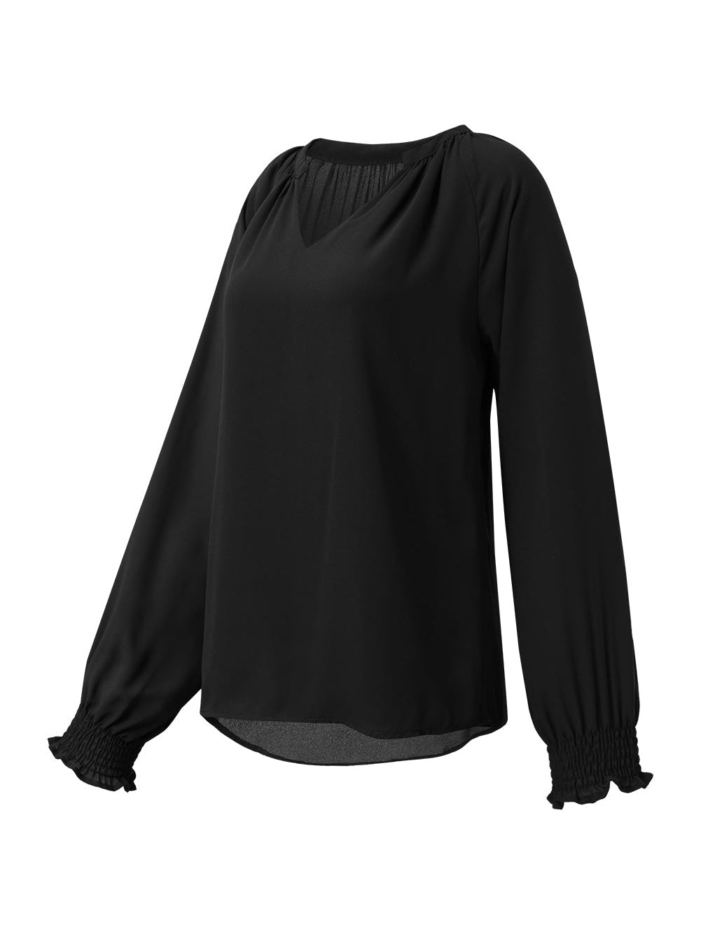 Elegant Black V-Neck Puff Sleeve Pleated Top