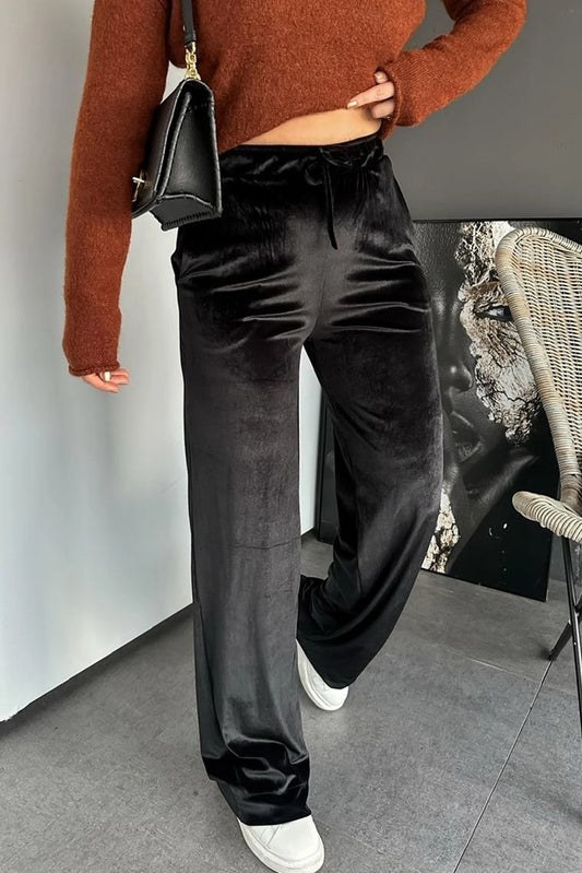 Black Shiny Velvet Drawstring High Waist Straight Leg Casual Pants