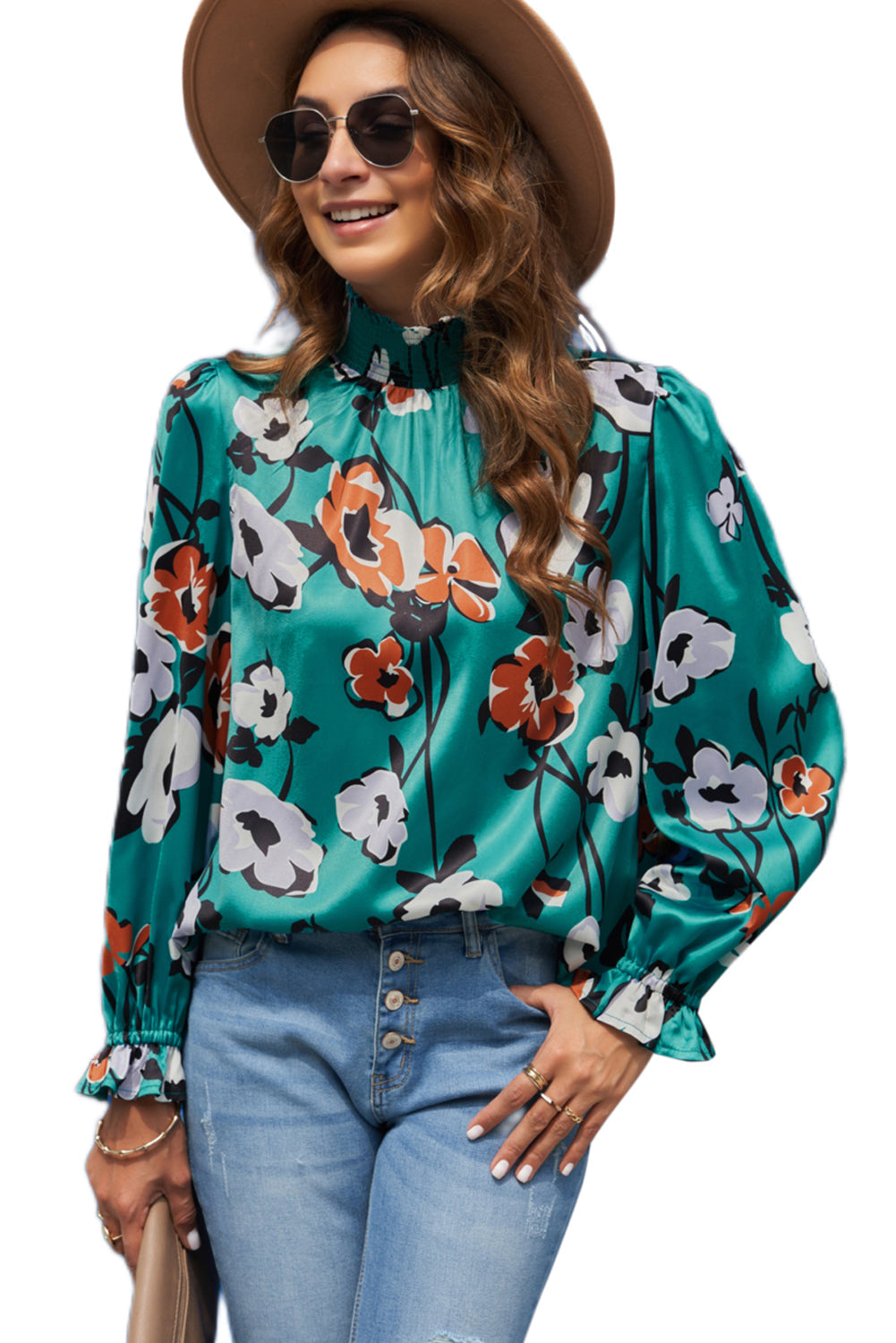 Floral Mock Neck Ruffle Sleeve Blouse
