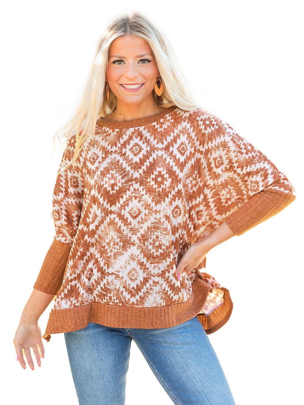 Aztec Print Batwing Sleeve White Blouse with Ribbed Trim