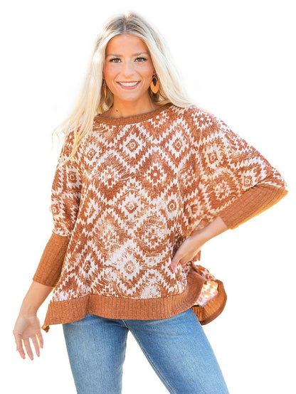 Aztec Print Batwing Sleeve White Blouse with Ribbed Trim