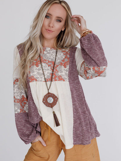Floral Dream Bubble Sleeve Colorblock Knit Top