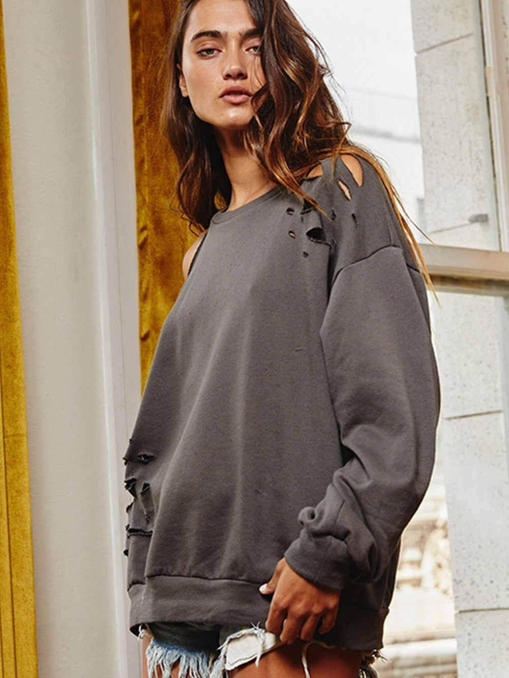 Grey Asymmetric Distressed Cold Shoulder Sweater