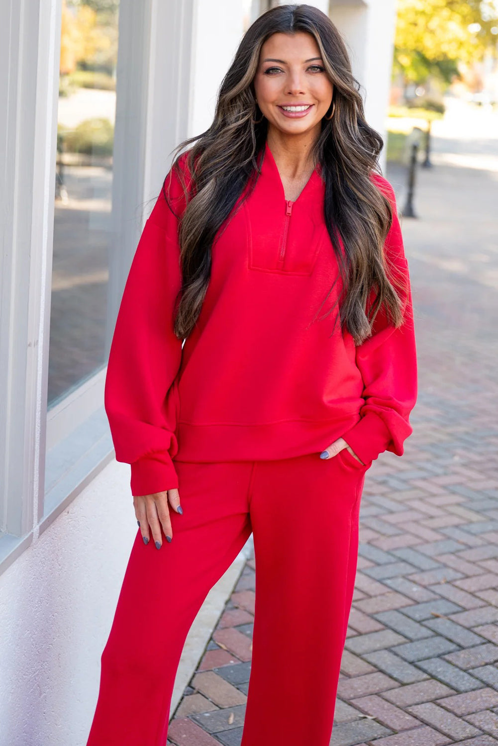 Fiery Red Quarter Zipped Pullover and Drawstring Sweatpants Set