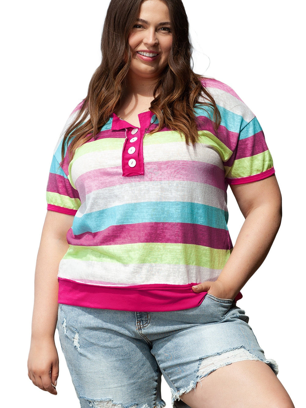 Rose Stripe Plus Size Textured Knit Short Sleeve Henley Top