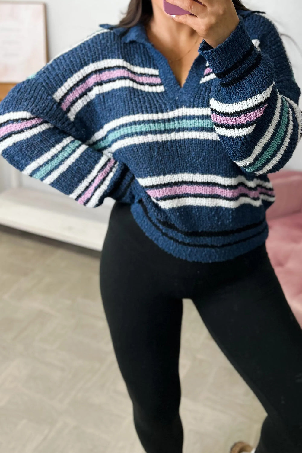 Blue Stripe Knit Polo Collar Baggy Sweater