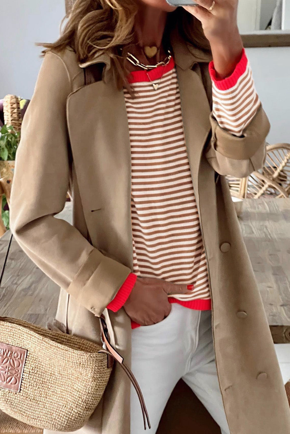Brown Striped Contrast Trimmed Drop Shoulder Sweater
