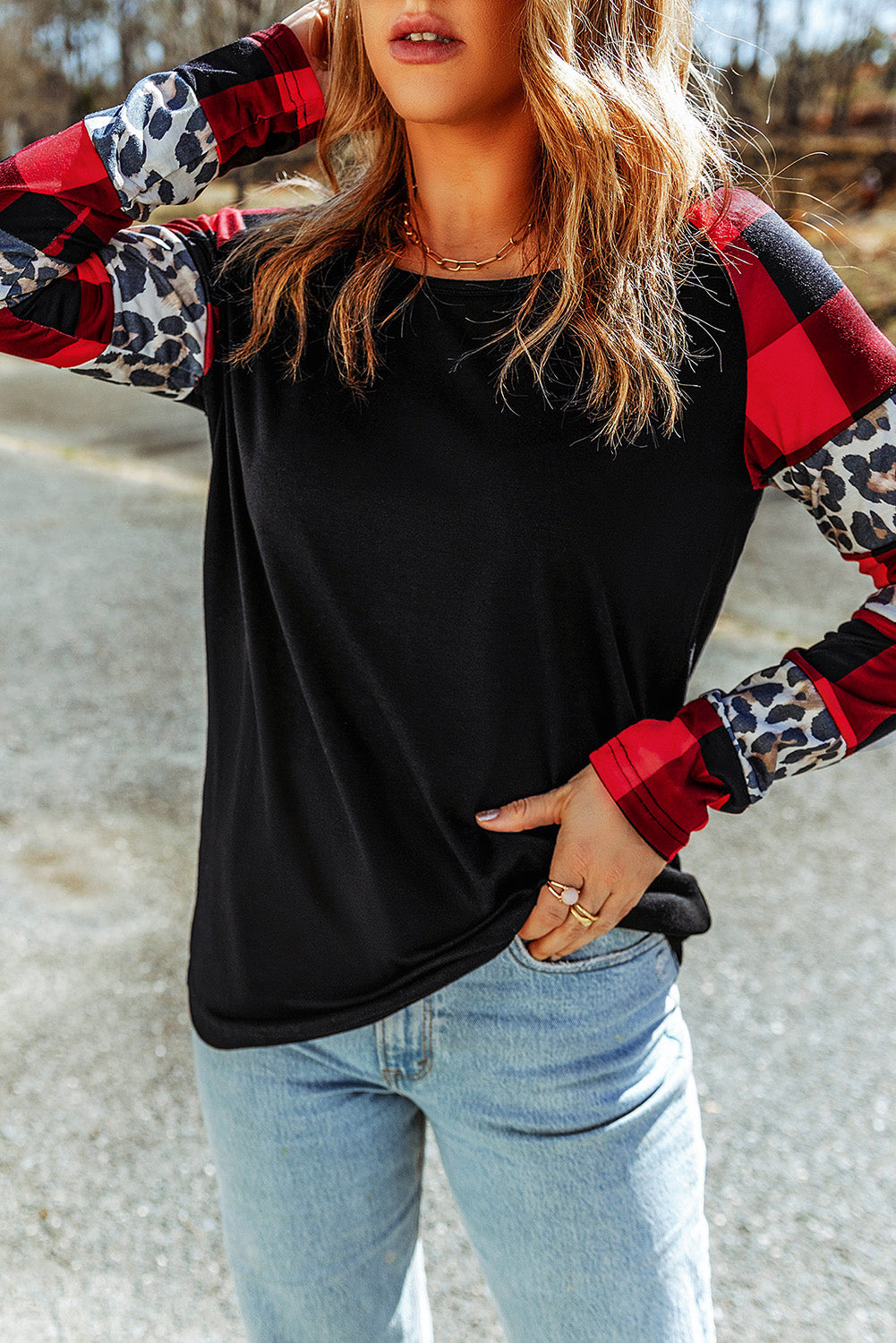 Elegant Black Off Shoulder Plaid & Leopard Long Sleeve Blouse