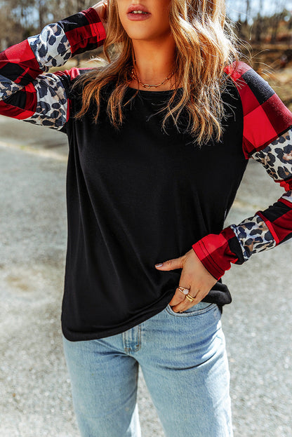 Elegant Black Off Shoulder Plaid & Leopard Long Sleeve Blouse