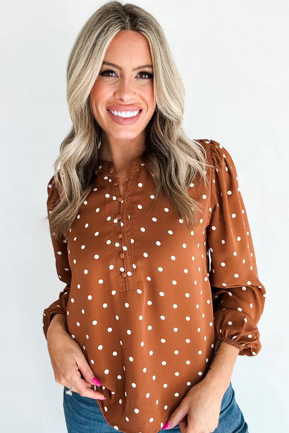 White Polka Dot Print Half Button Elastic Cuffs Long Sleeve Blouse