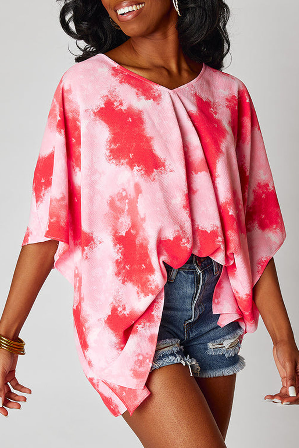Crimson Tie-Dye Oversized 3/4 Sleeve Tunic Blouse