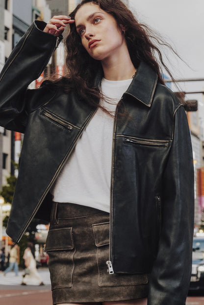 Black Faux Leather Zip Slit Pockets Street Fashion Jacket