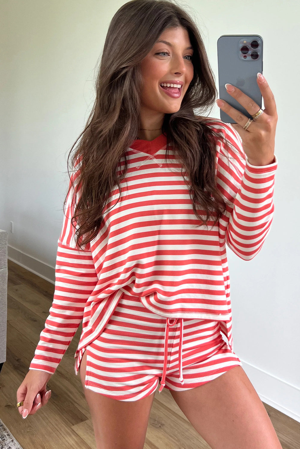 Red Stripe V Neck Long Sleeve Top Side Split Shorts 2pcs Lounge Set