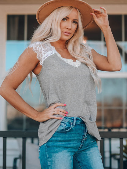 Gray Knit Lace Detail Cap Sleeve Top