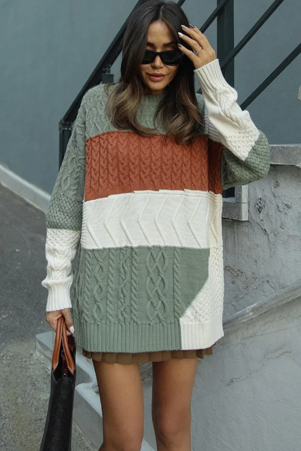 Green Cable Mix Texture Color Block Knit Baggy Sweater